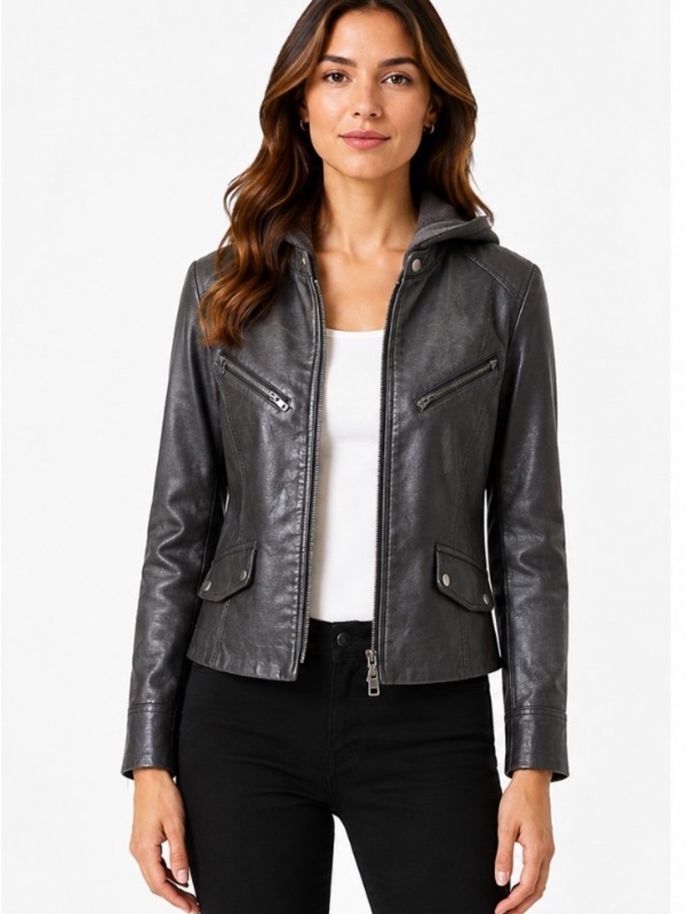 We The Free Espresso Brown Faux Leather Hooded Moto Jacket